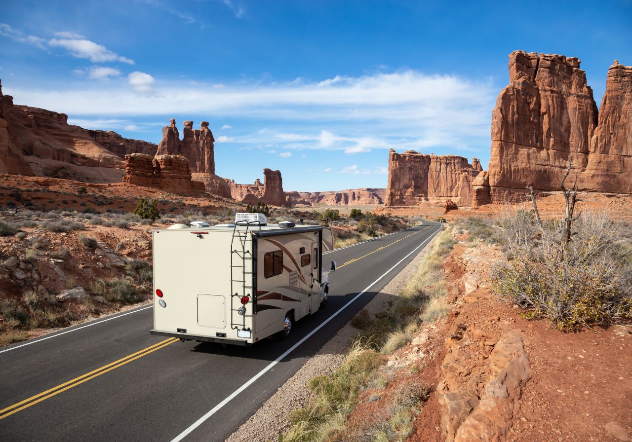 Various RV types including motorhomes and trailers lined up in campground