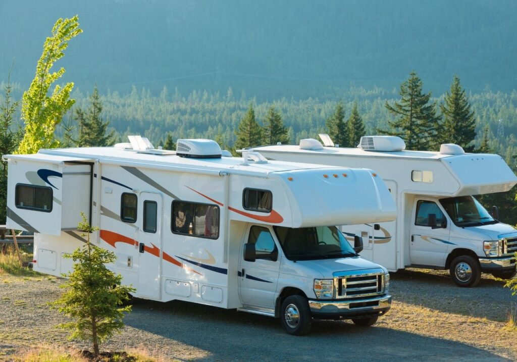 Various RV types including motorhomes and trailers lined up in campground