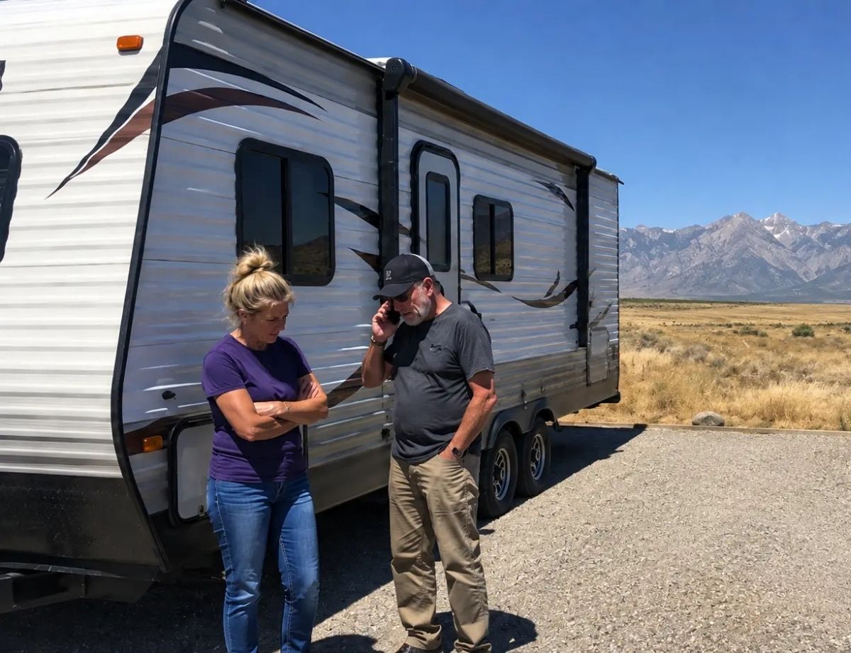 Broken-down RV parked roadside as a mobile technician arrives for emergency repair