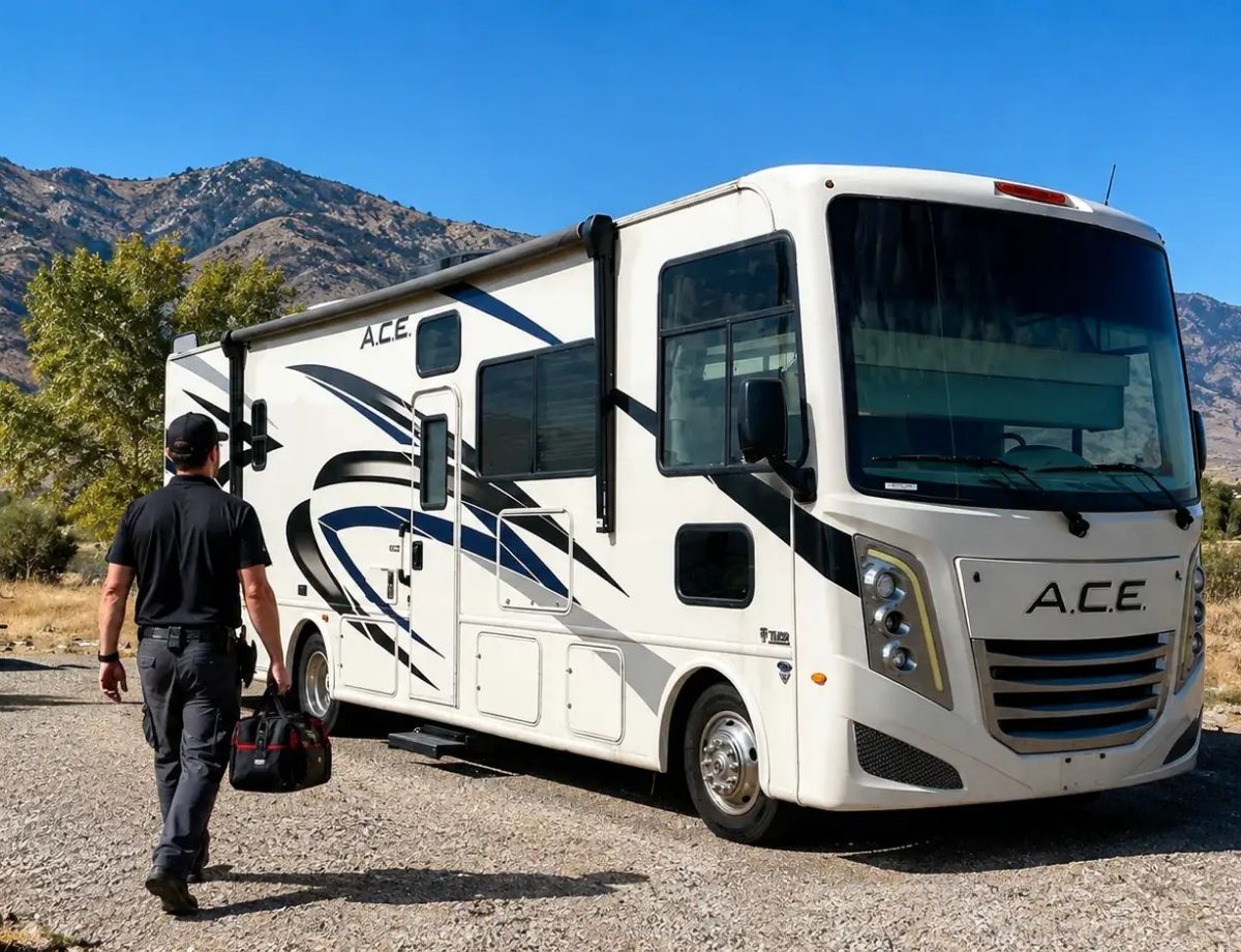 Mobile RV repair technician arriving on-site to diagnose a parked RV