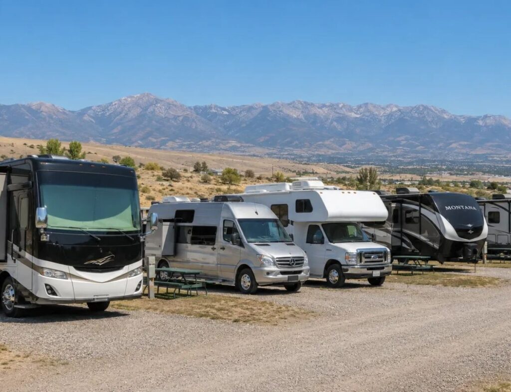 Class A motorhomes and travel trailers parked at a Salt Lake City area campground